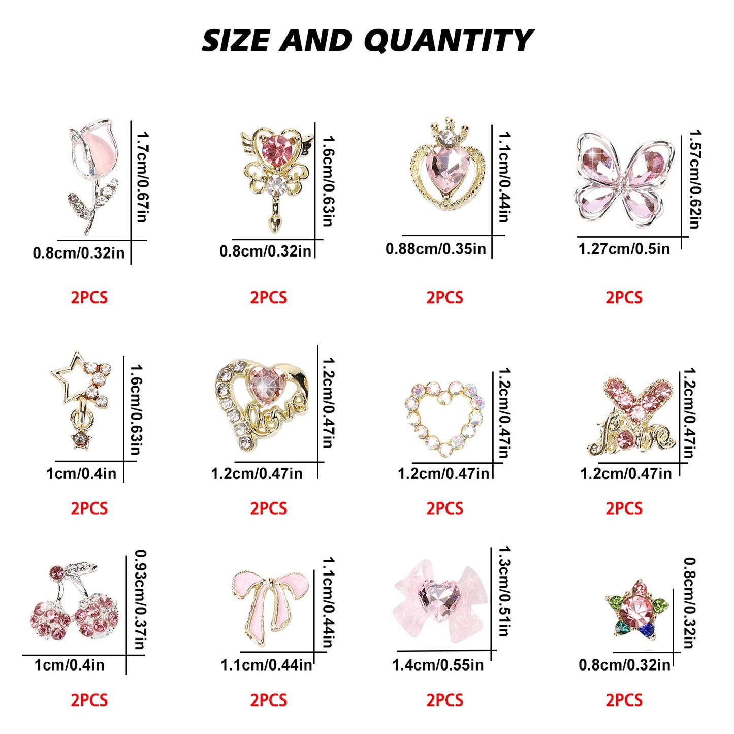3D cherry and bow alloy nail decorations on acrylic nails
