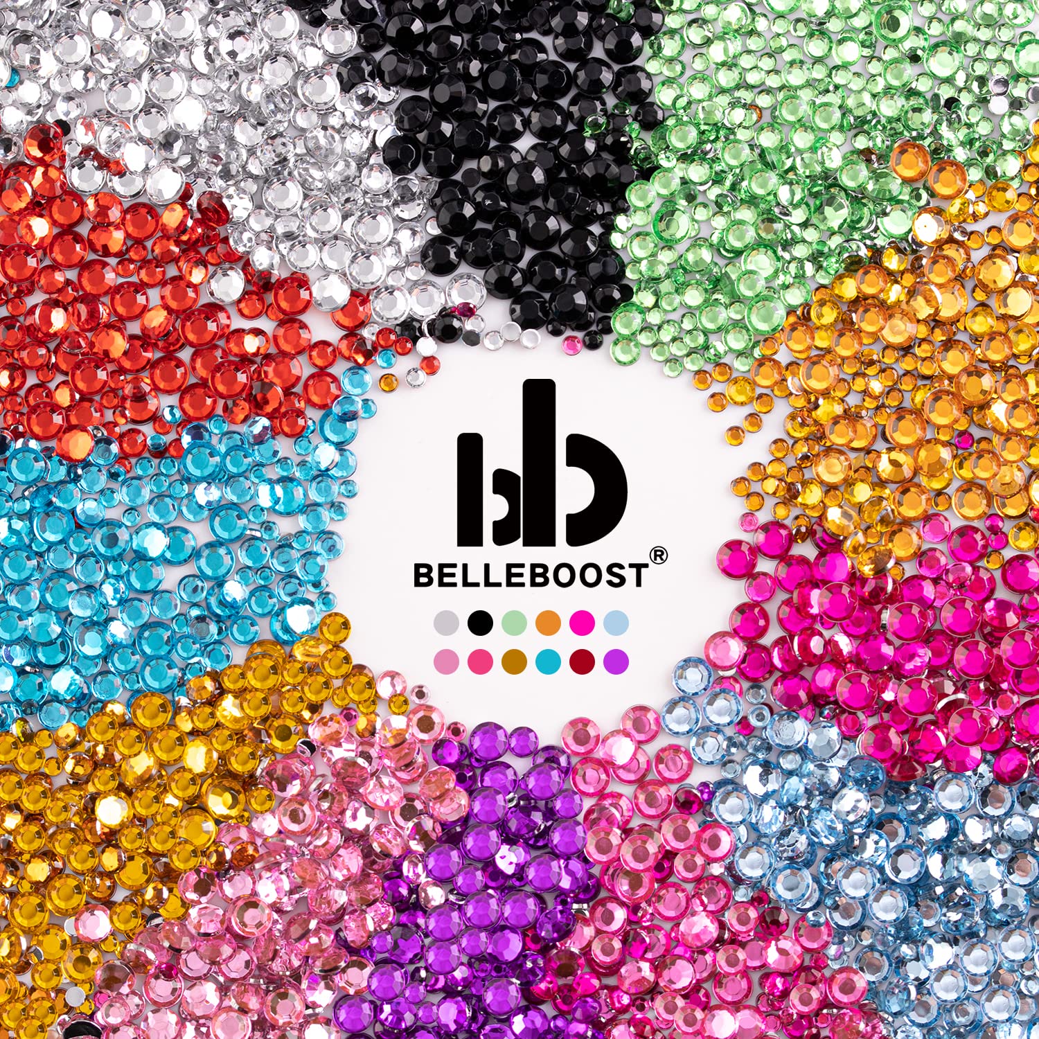 Two boxes of colorful nail art rhinestones by Belleboost