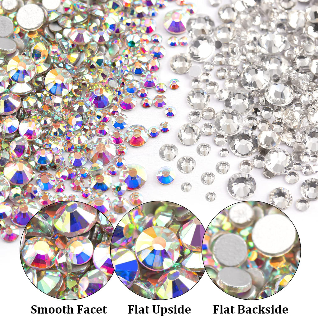 Close-up of multi-sized AB finish and transparent rhinestones