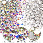 Close-up of multi-sized AB finish and transparent rhinestones