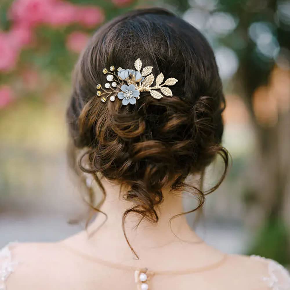 U-shaped blue flower bridal hair pins for wedding updos