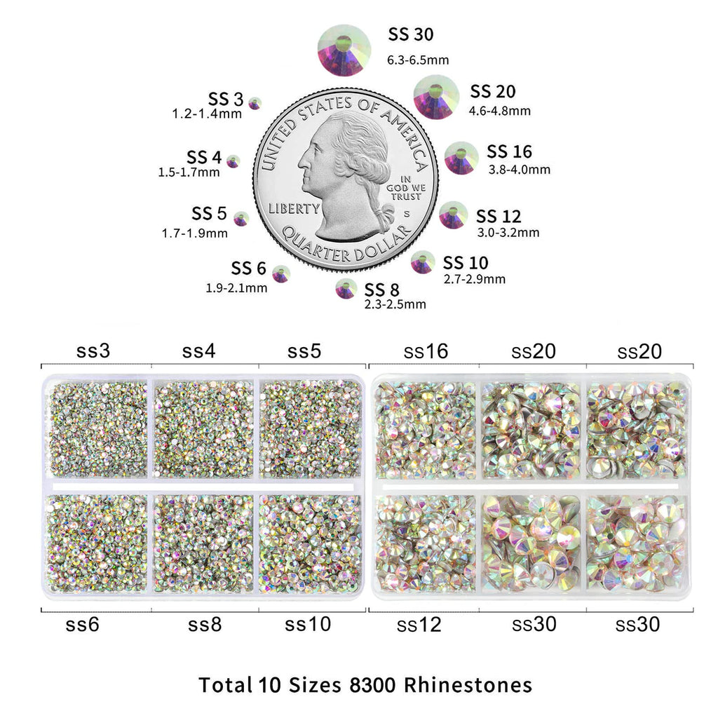 Multi-sized crystal Aurora Borealis rhinestones arranged for crafts