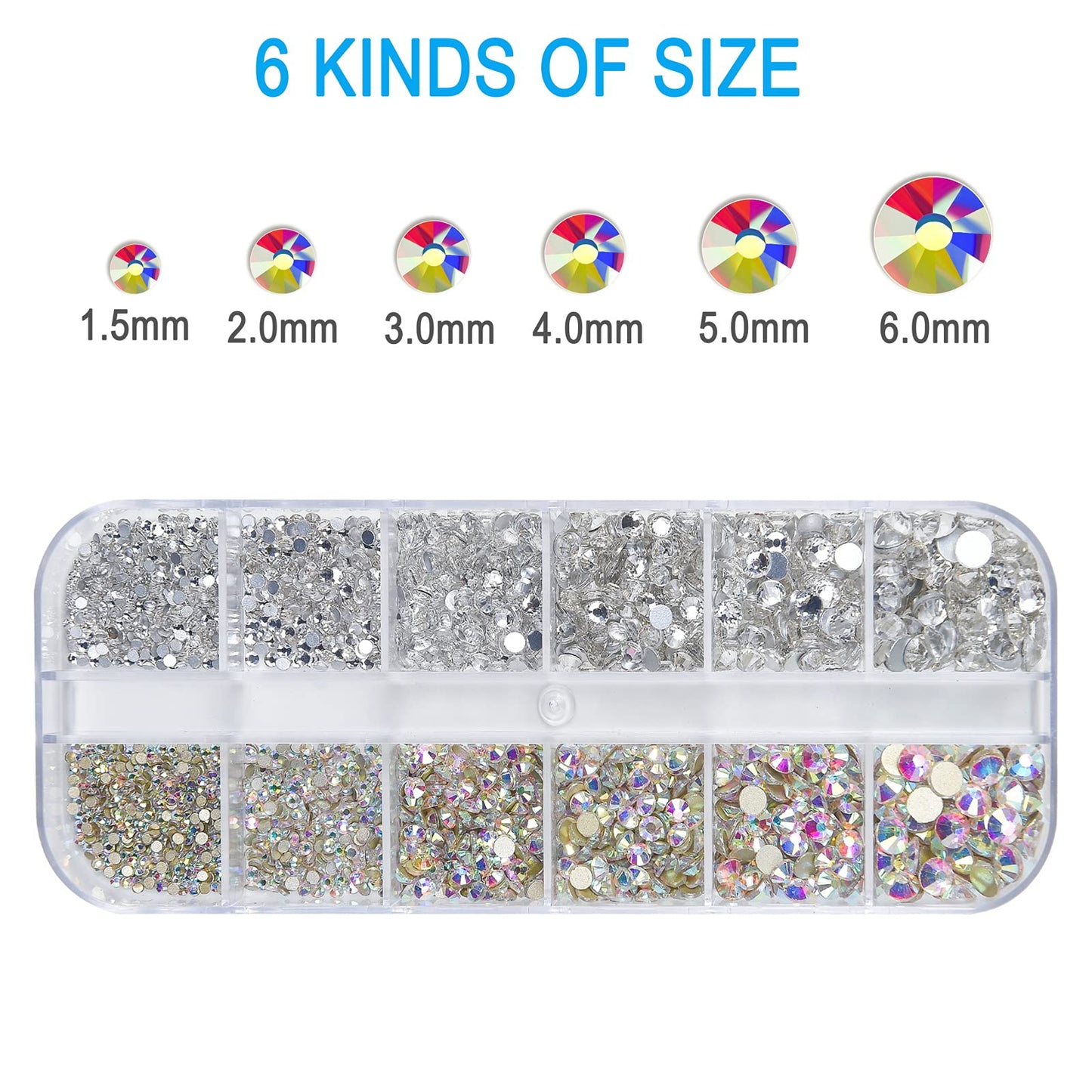 Close up of Huetfat flatback crystal rhinestones in organizer box