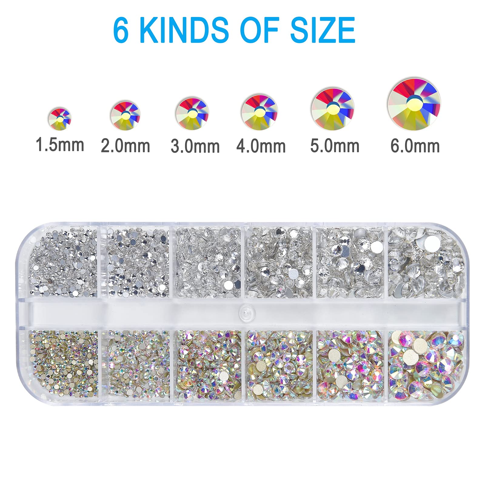 Close up of Huetfat flatback crystal rhinestones in organizer box