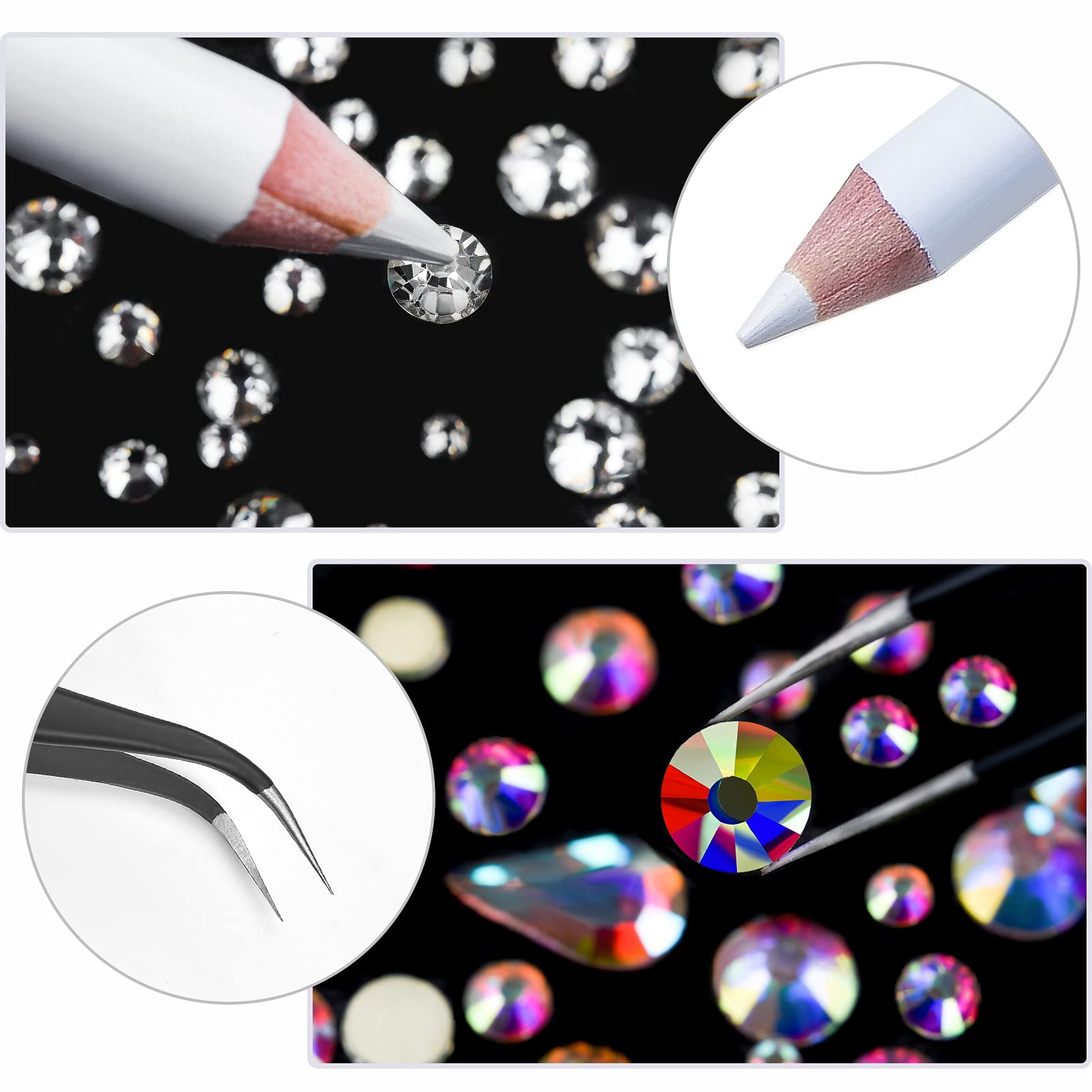 Variety of rhinestone sizes in Huetfat nail gem storage container