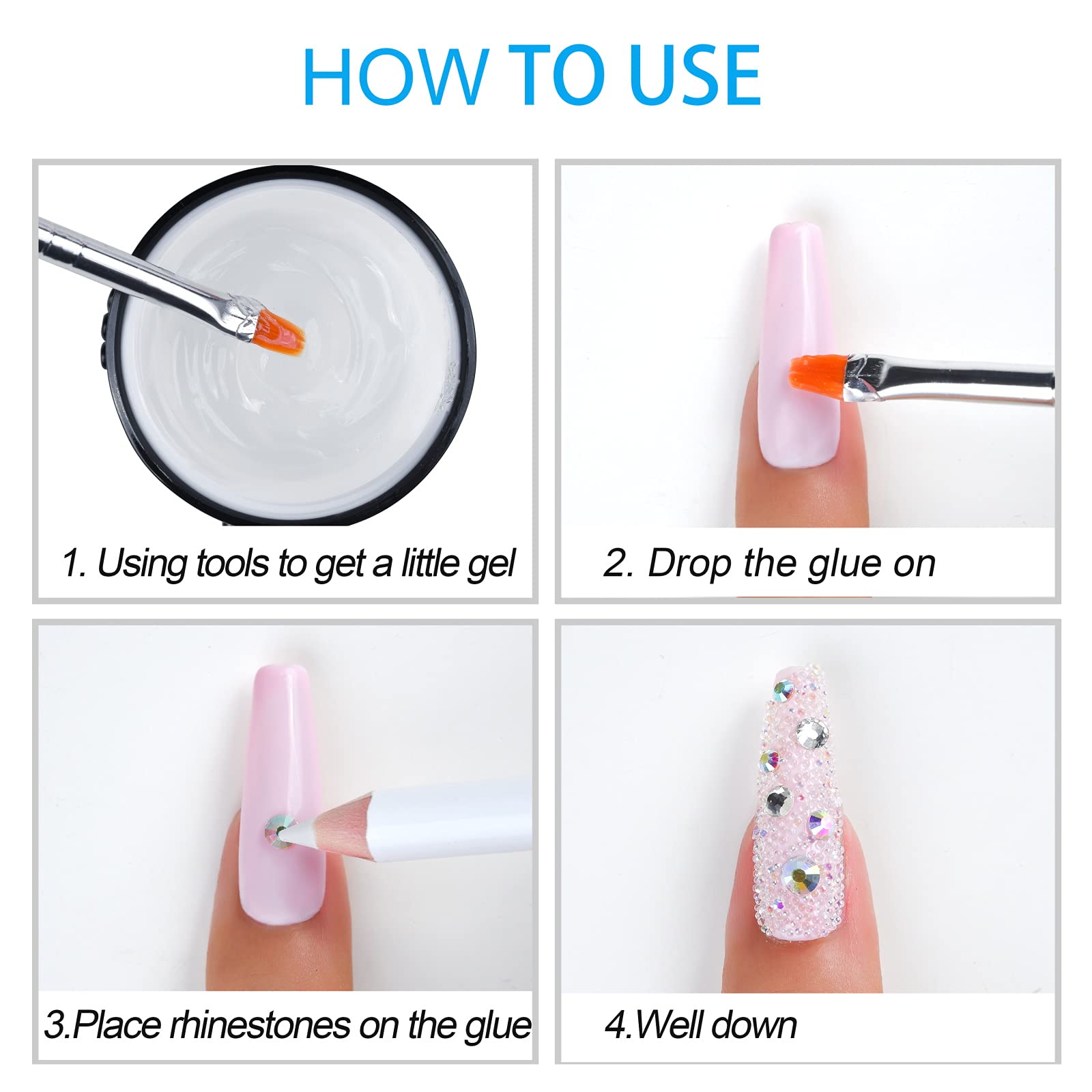 Application demonstration of Huetfat rhinestones on nail art