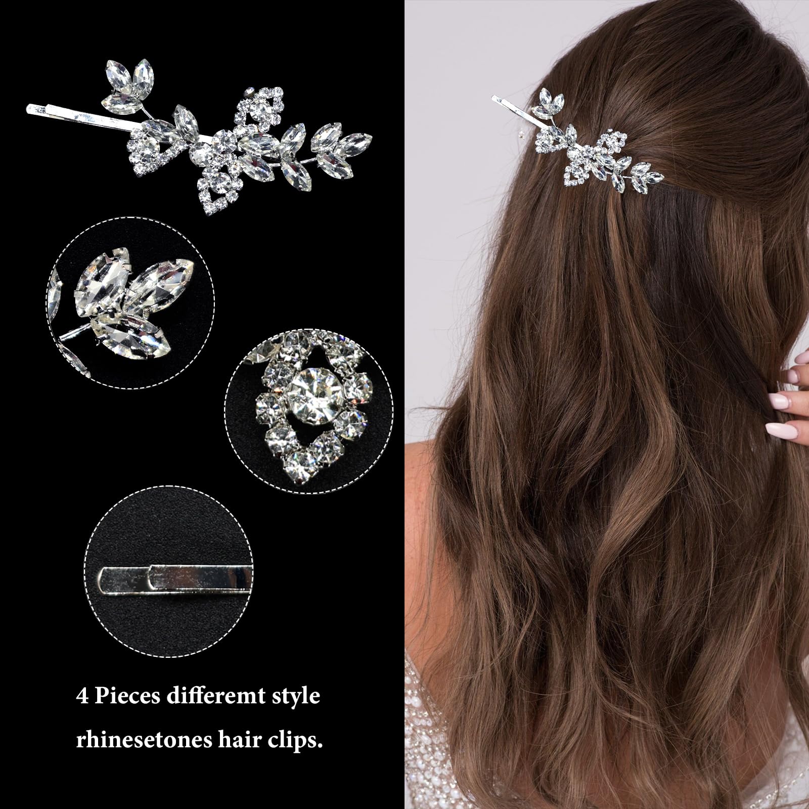 The two different styles of silver rhinestone bobby pins included in the four piece set.
