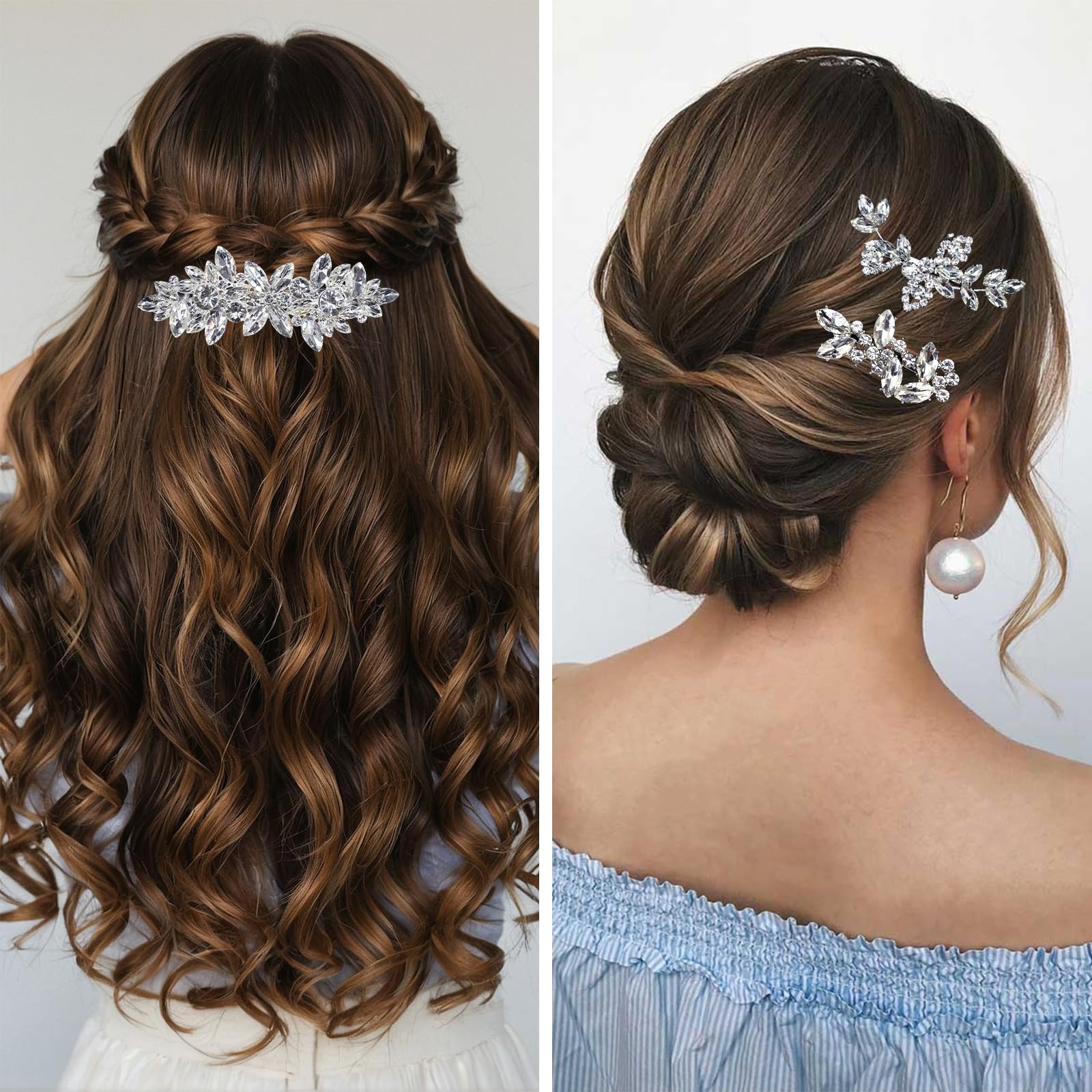 Side angle view of the glittering Mulzile crystal hair jewelry pieces for bridesmaids.
