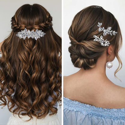 Side angle view of the glittering Mulzile crystal hair jewelry pieces for bridesmaids.