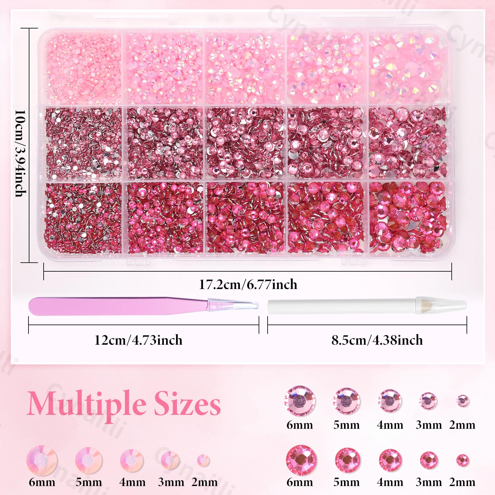 Cynailli flatback resin rhinestones in 15-grid storage box