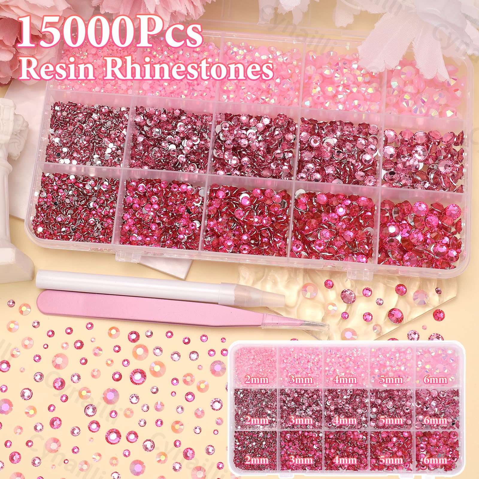 Close up of pink jelly resin rhinestones in various sizes