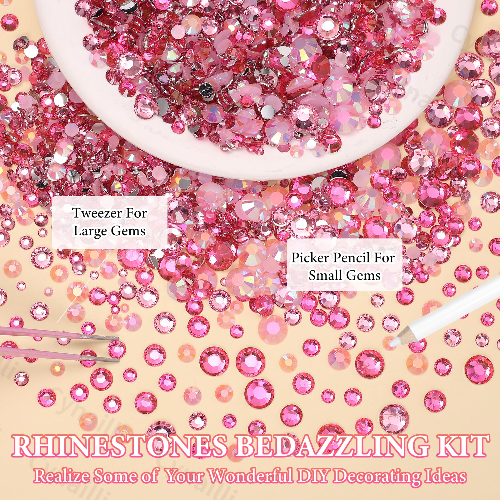 Tools included: tweezers and pickup pen for rhinestones