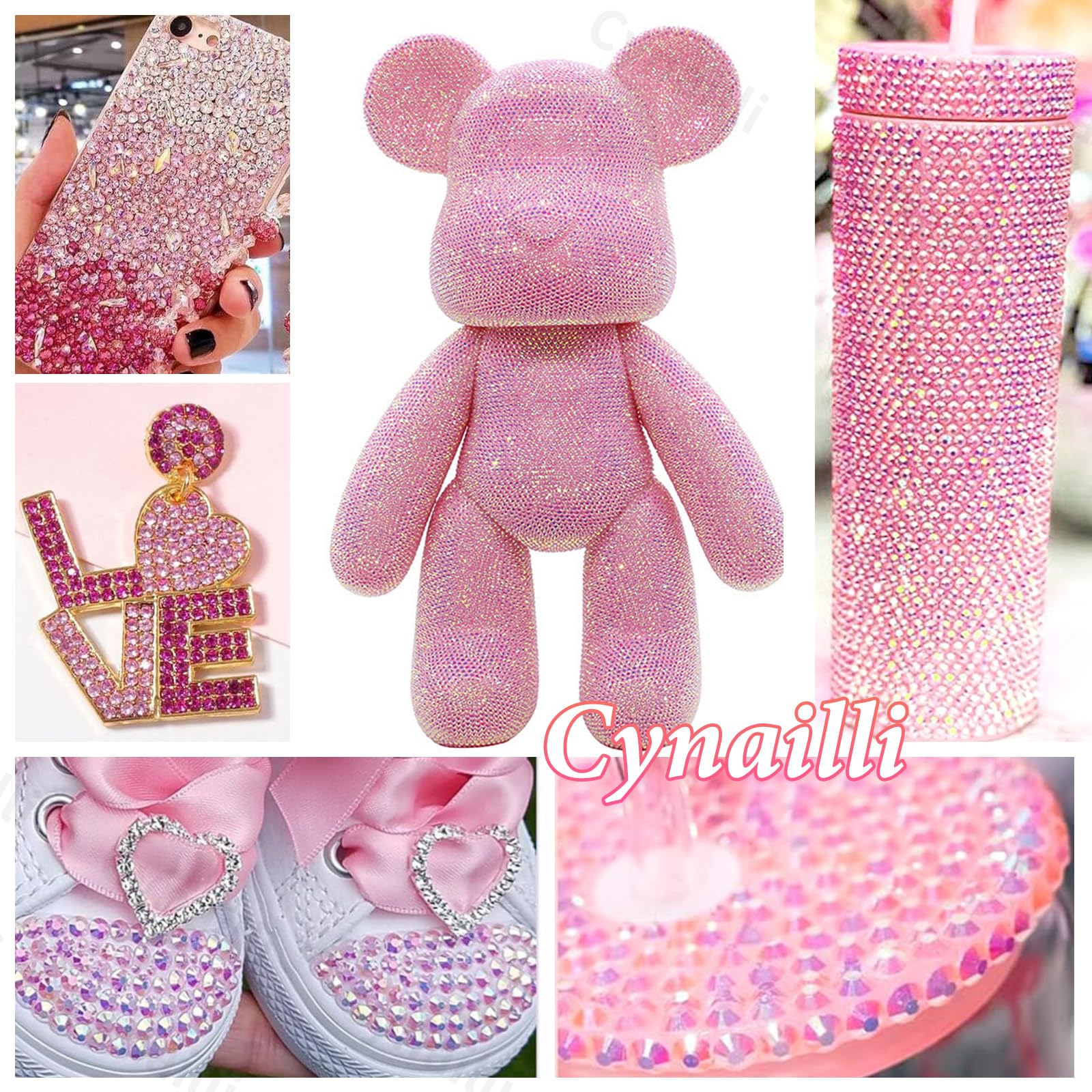 Pink resin rhinestones arranged for tumbler DIY project