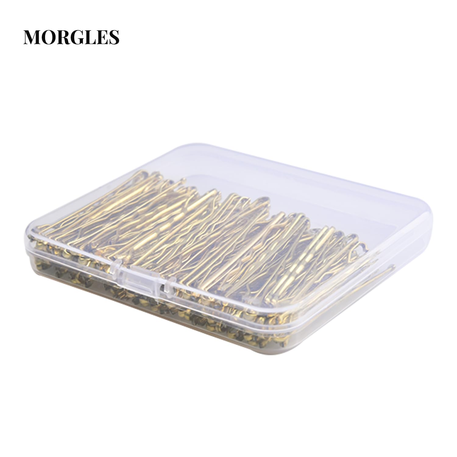 Close up view of MORGLES gold bobby pins highlighting the wavy design and protective rubber tips