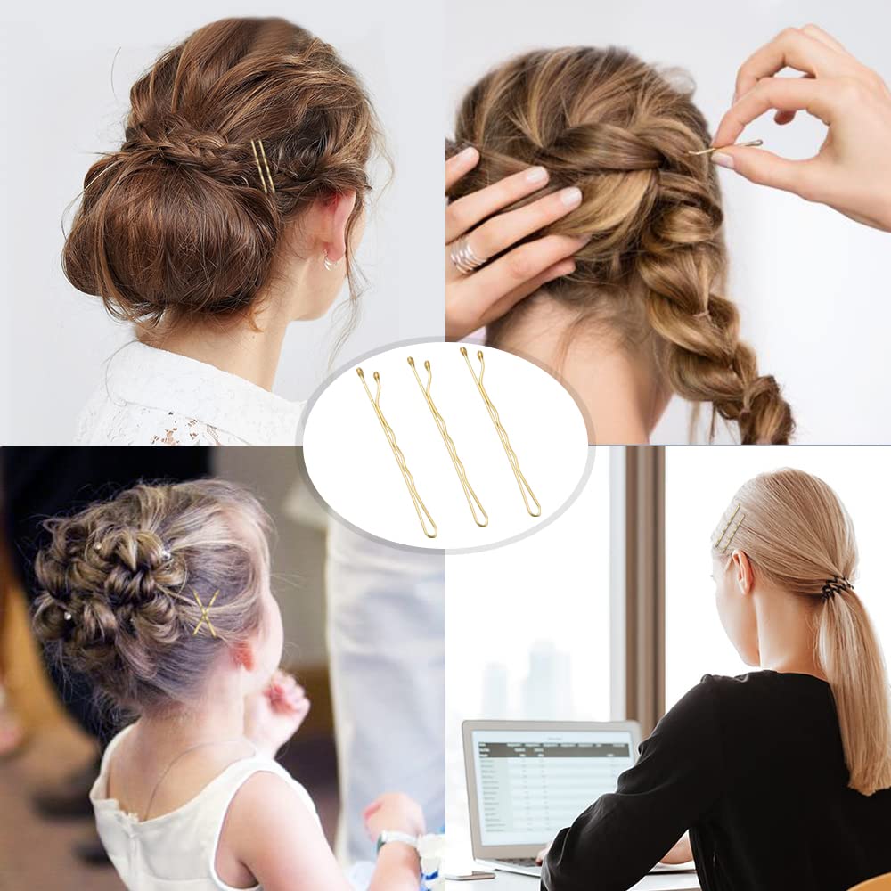 MORGLES blonde hair bobby pins held in hand to showcase the true metallic gold color and size comparison