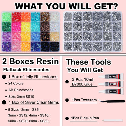 Close up of 24 color jelly rhinestones in storage compartment