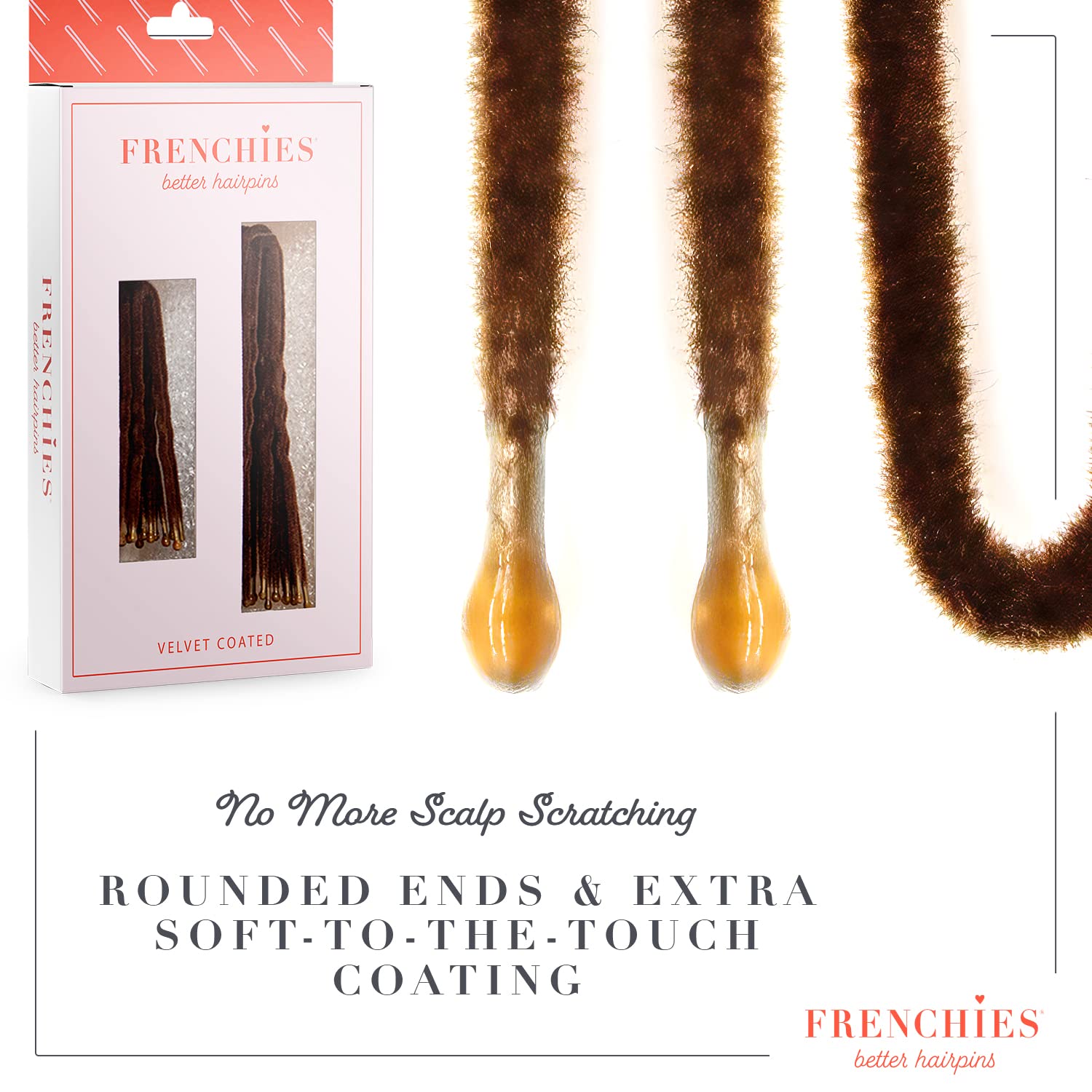 Frenchies brown velvet hair pins displayed next to an elegant bridal bun hairstyle.