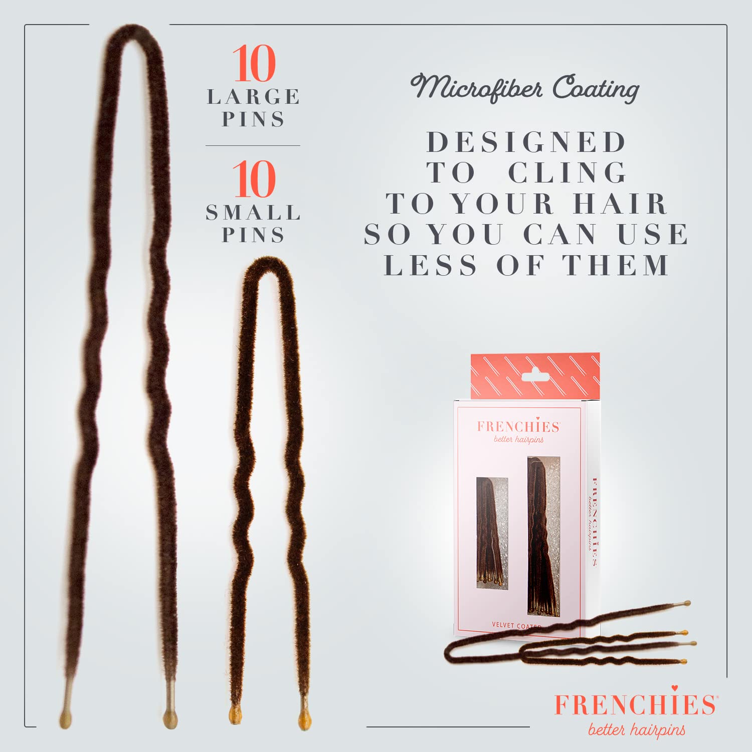 Comparison view of small two inch and large three inch Frenchies hair pins.
