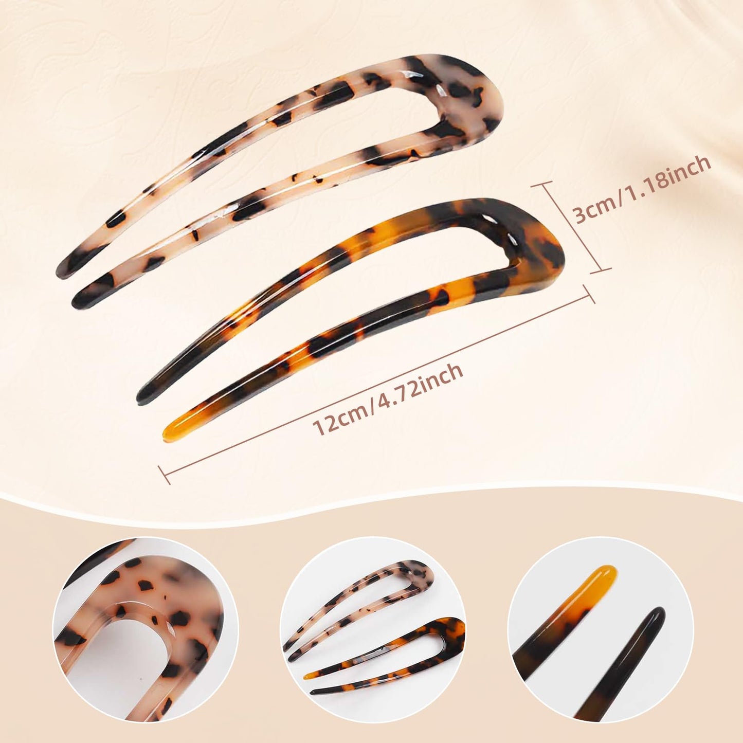 Benefree tortoiseshell and white tortoiseshell U shaped hair forks displayed together.
