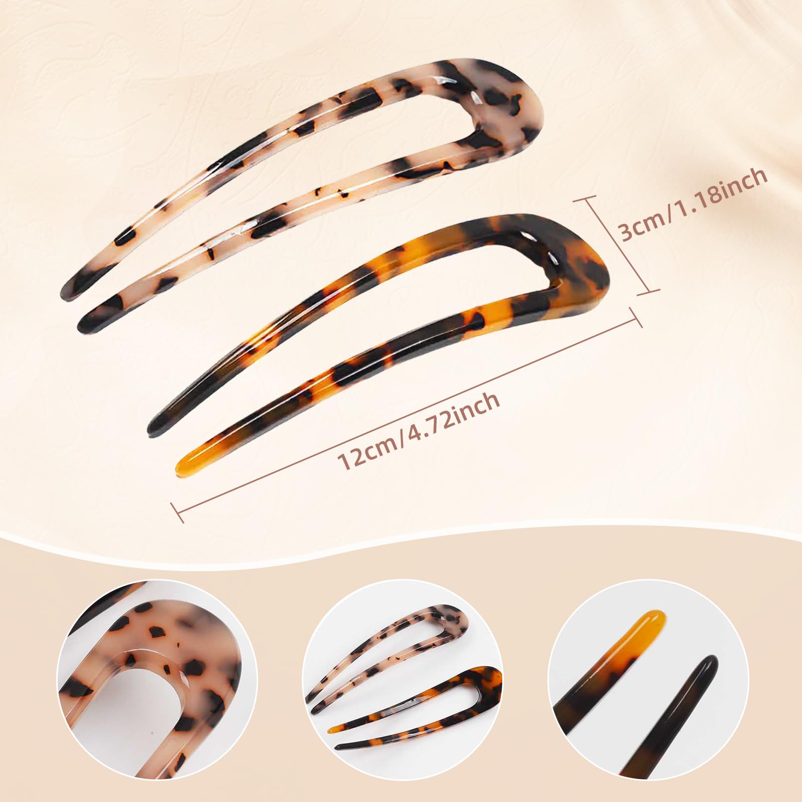Benefree tortoiseshell and white tortoiseshell U shaped hair forks displayed together.