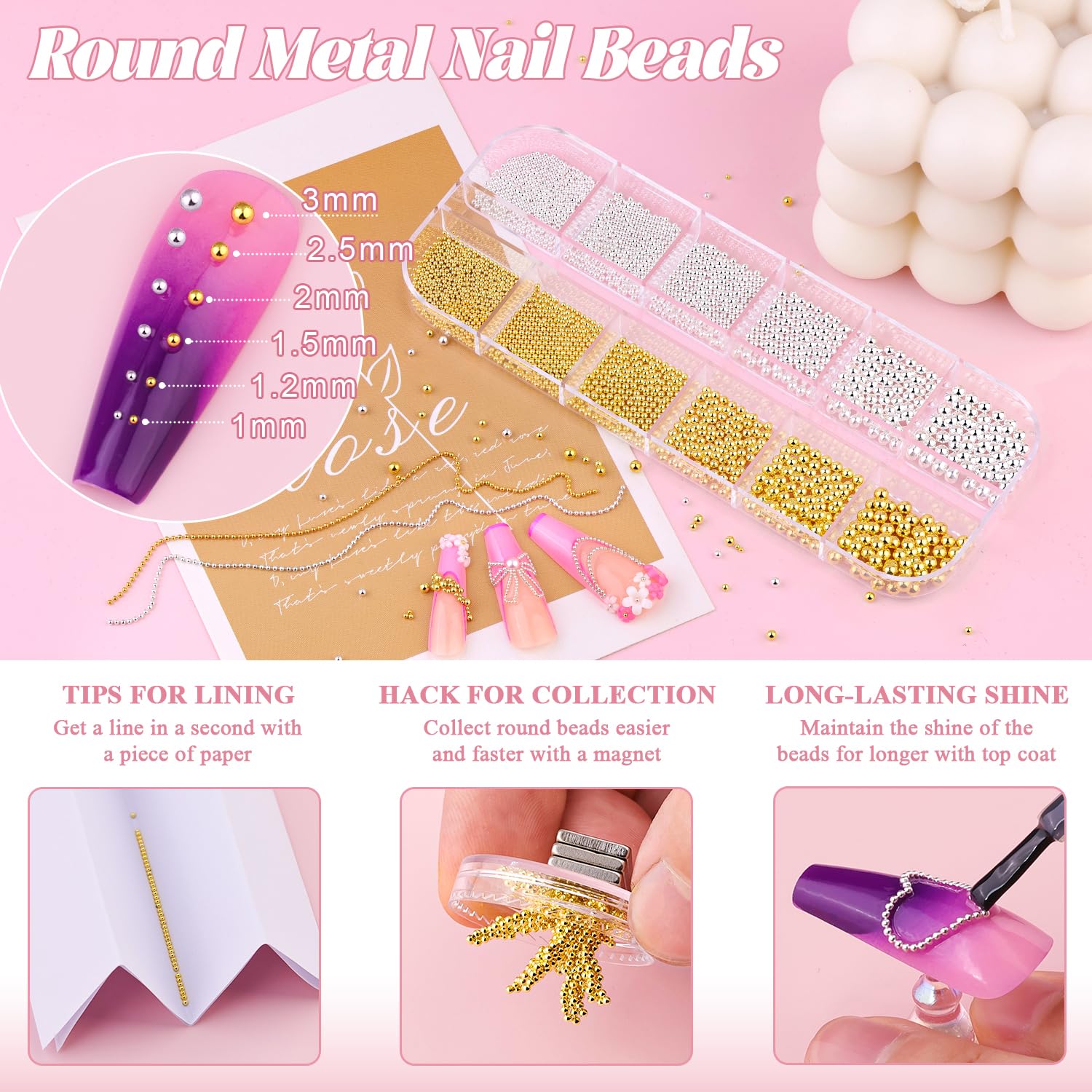 Close up of Belleboost metallic caviar beads for 3D nail art design