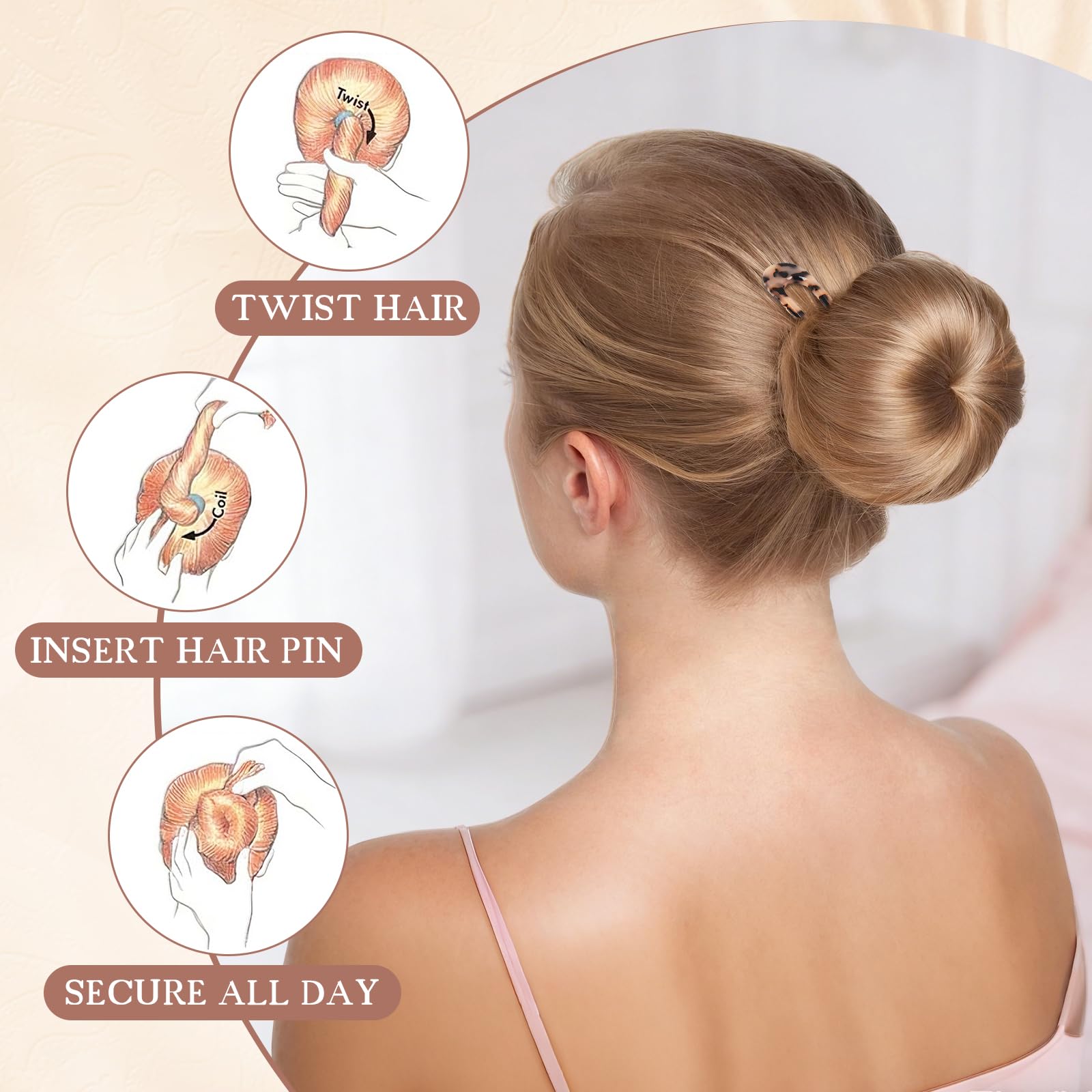Benefree four point seven inch hair stick demonstrating long hair updo capability.