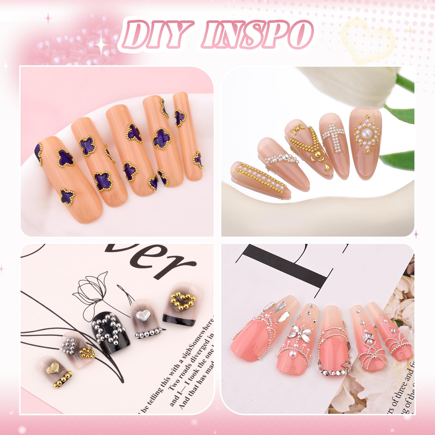 Open 12-grid container showing various sizes of gold and silver nail beads