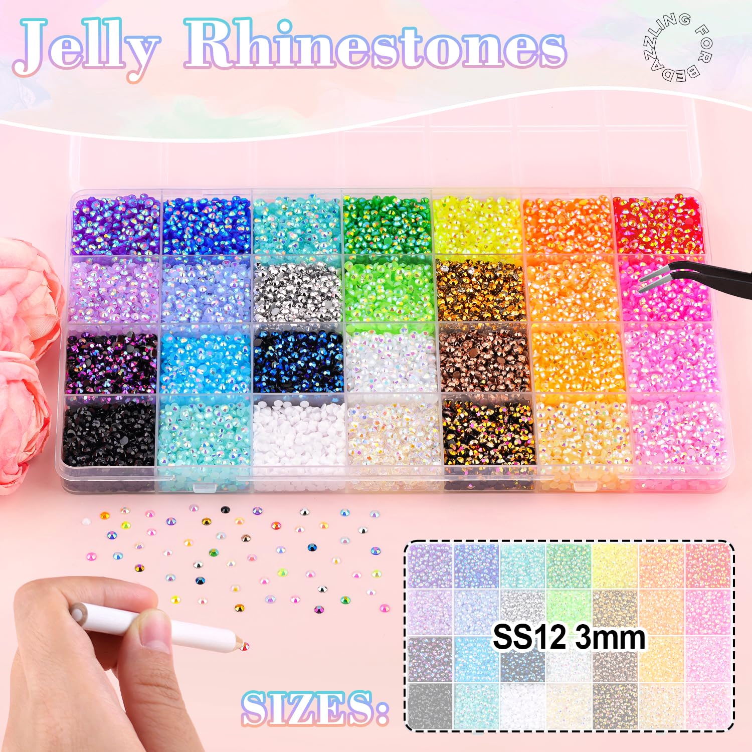 Close up of multicolored 3mm flatback resin rhinestones in storage grid