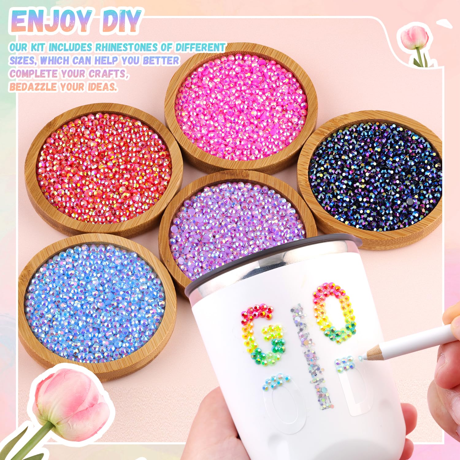 Tools included with Belleboost rhinestone kit including wax pen and tweezers
