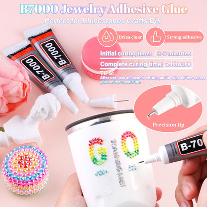 Top view of Belleboost rhinestone crafting kit components and storage box