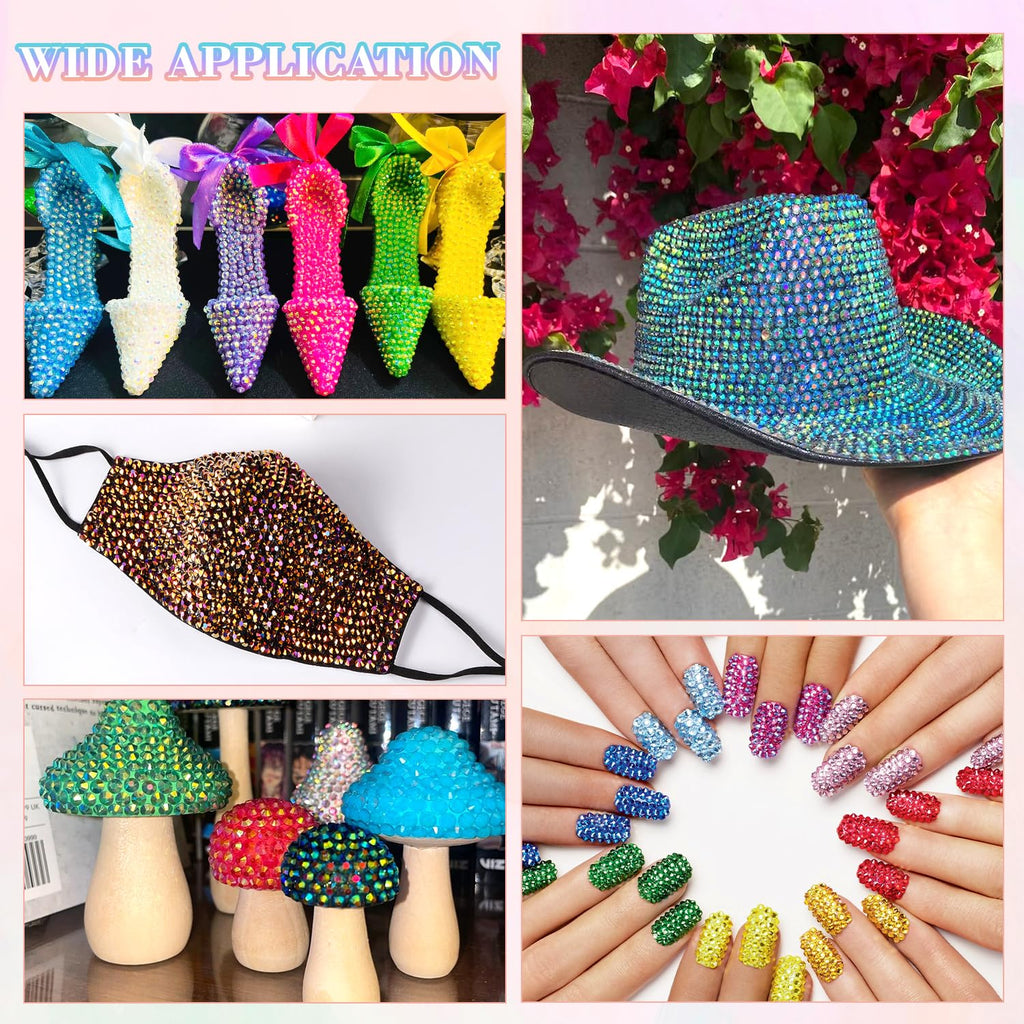 Nail art and craft design examples created with the rhinestone kit