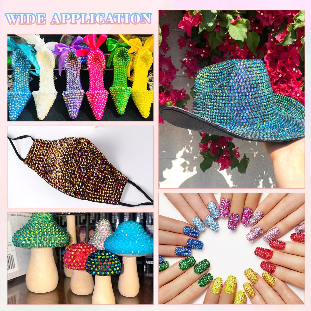 Nail art and craft design examples created with the rhinestone kit