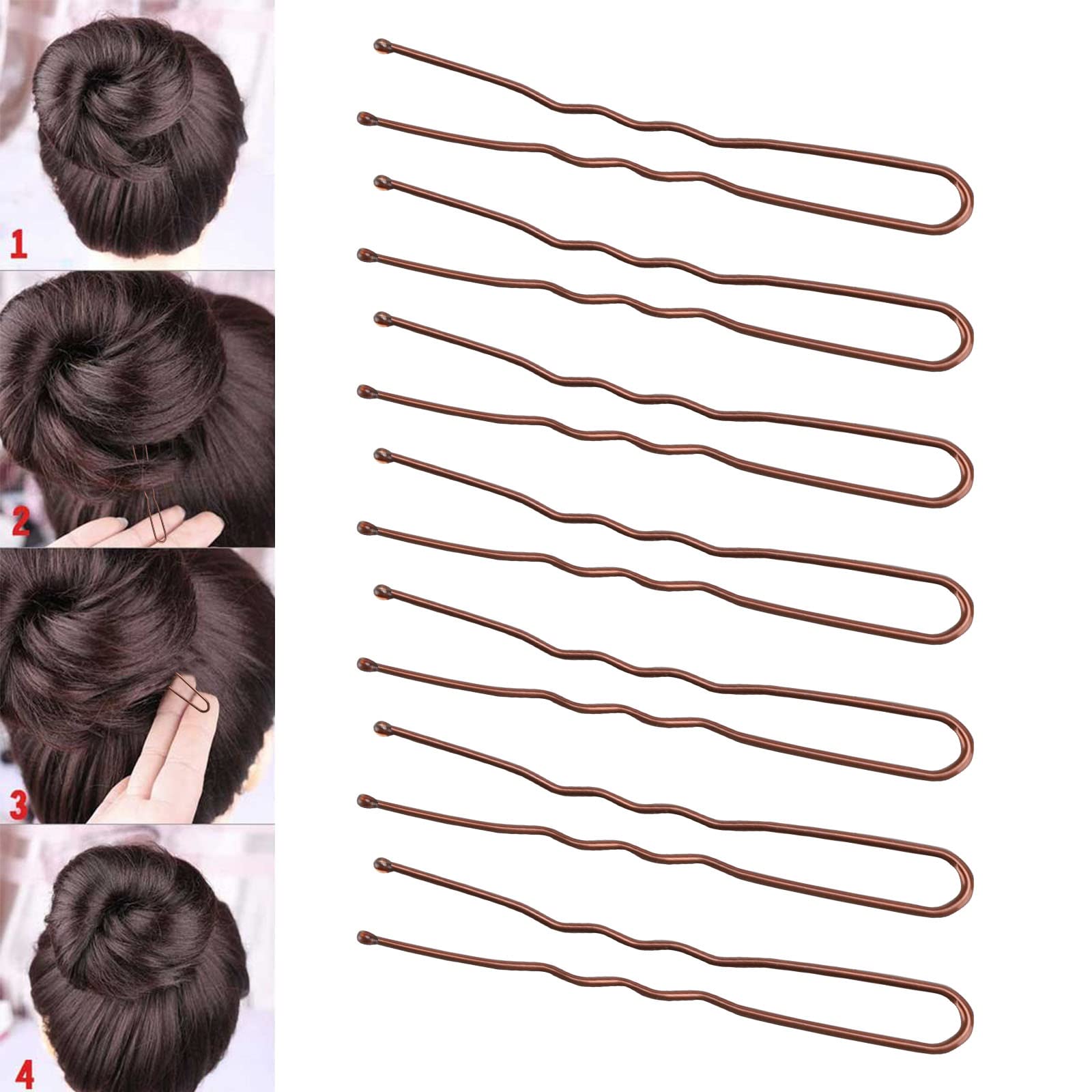 Close up view of the wavy design and protective rounded ball tips on the premium metal updo hairpins.