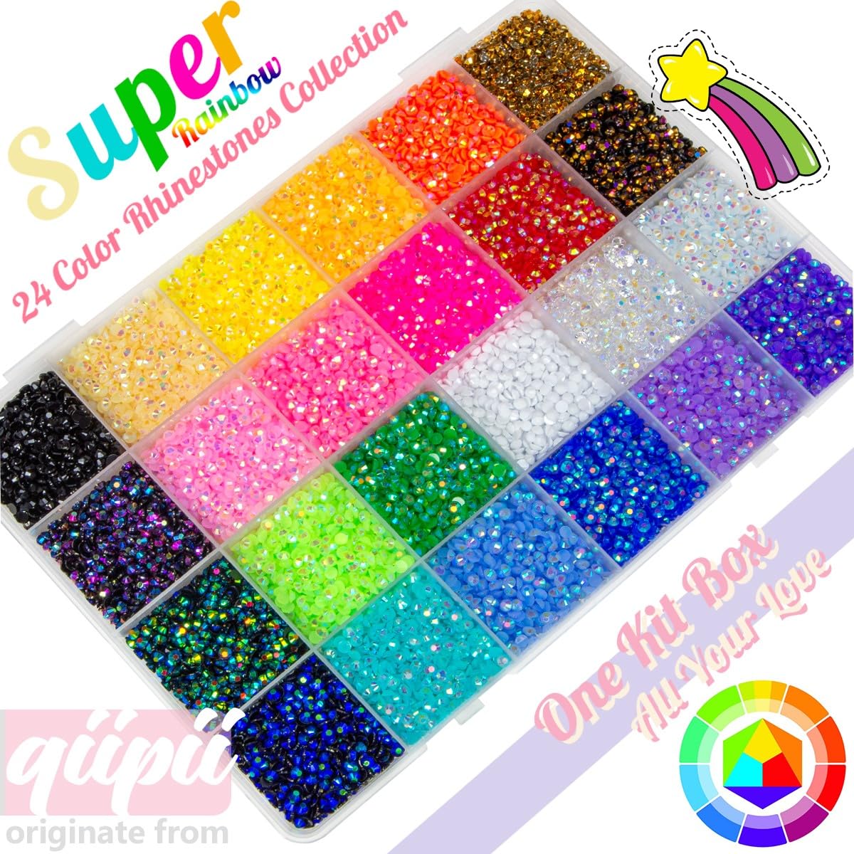 Close up view of vibrant flatback resin rhinestones in grid container