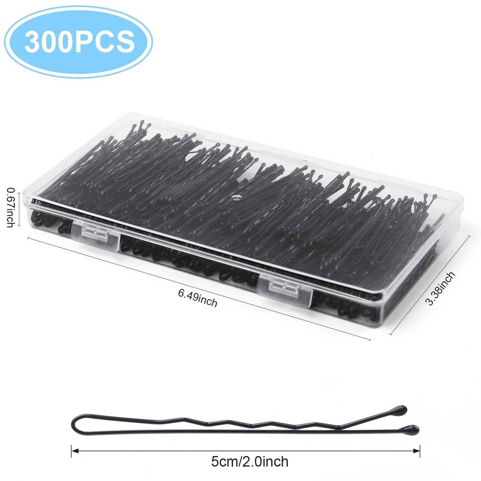 Three hundred pieces of two inch black non slip hair pins spread out on a white background.