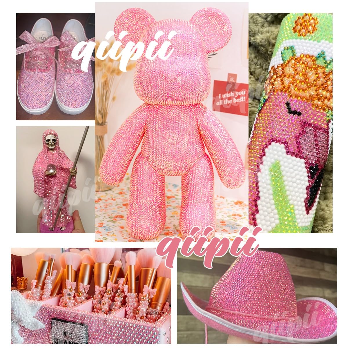 Examples of DIY crafts decorated with qiipii jelly rhinestones