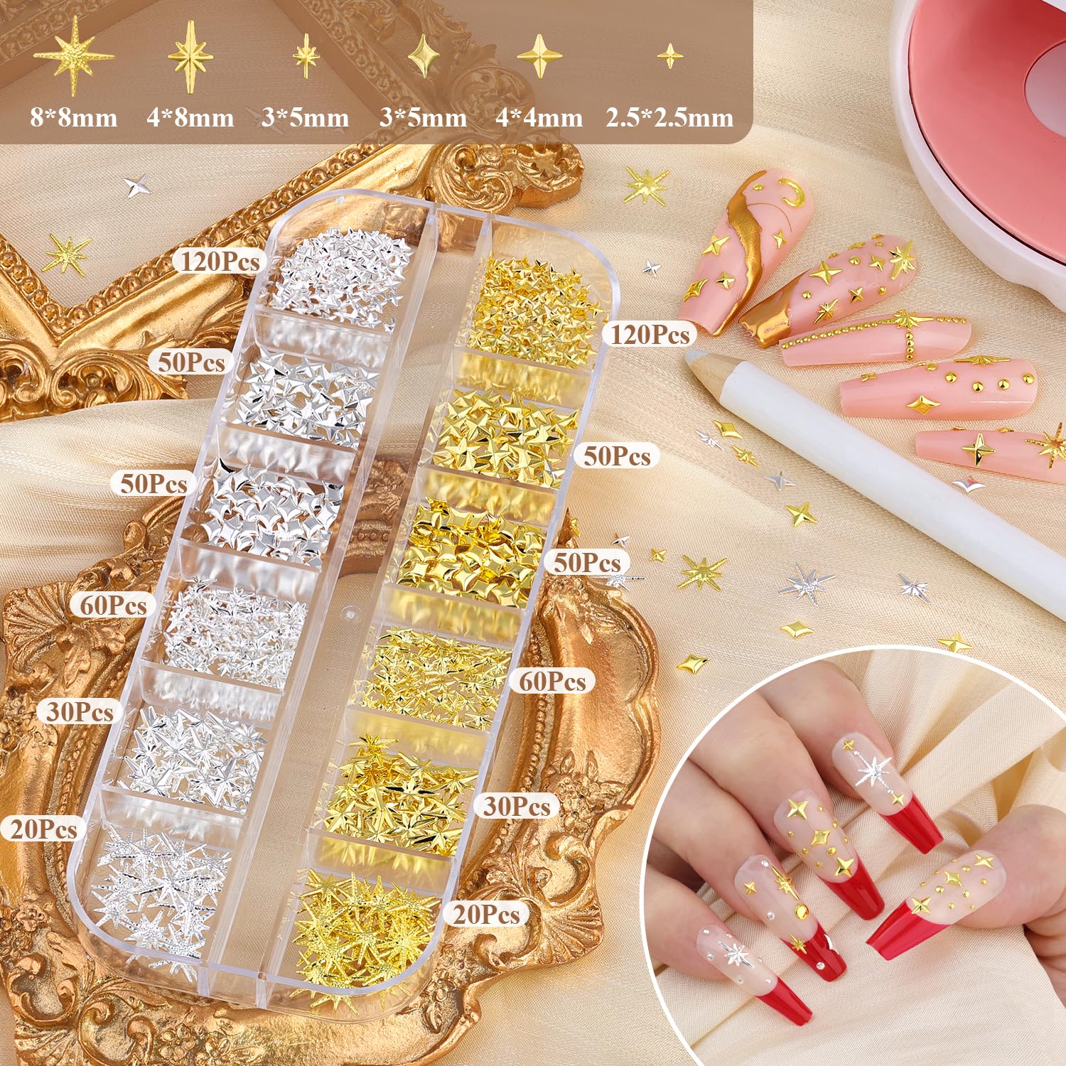 Close up view of star shaped metallic nail art gems and caviar beads