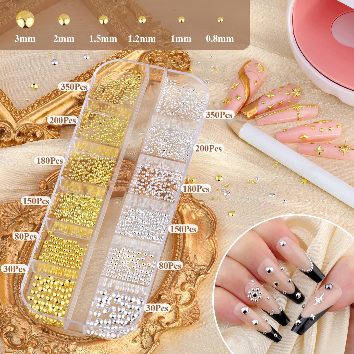 Belleboost nail charms kit featuring 12-grid organizer box and tools