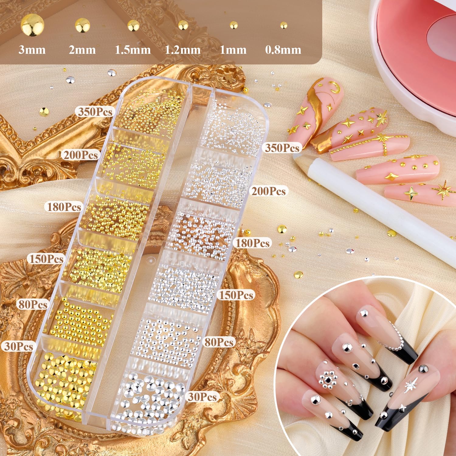 Belleboost nail charms kit featuring 12-grid organizer box and tools
