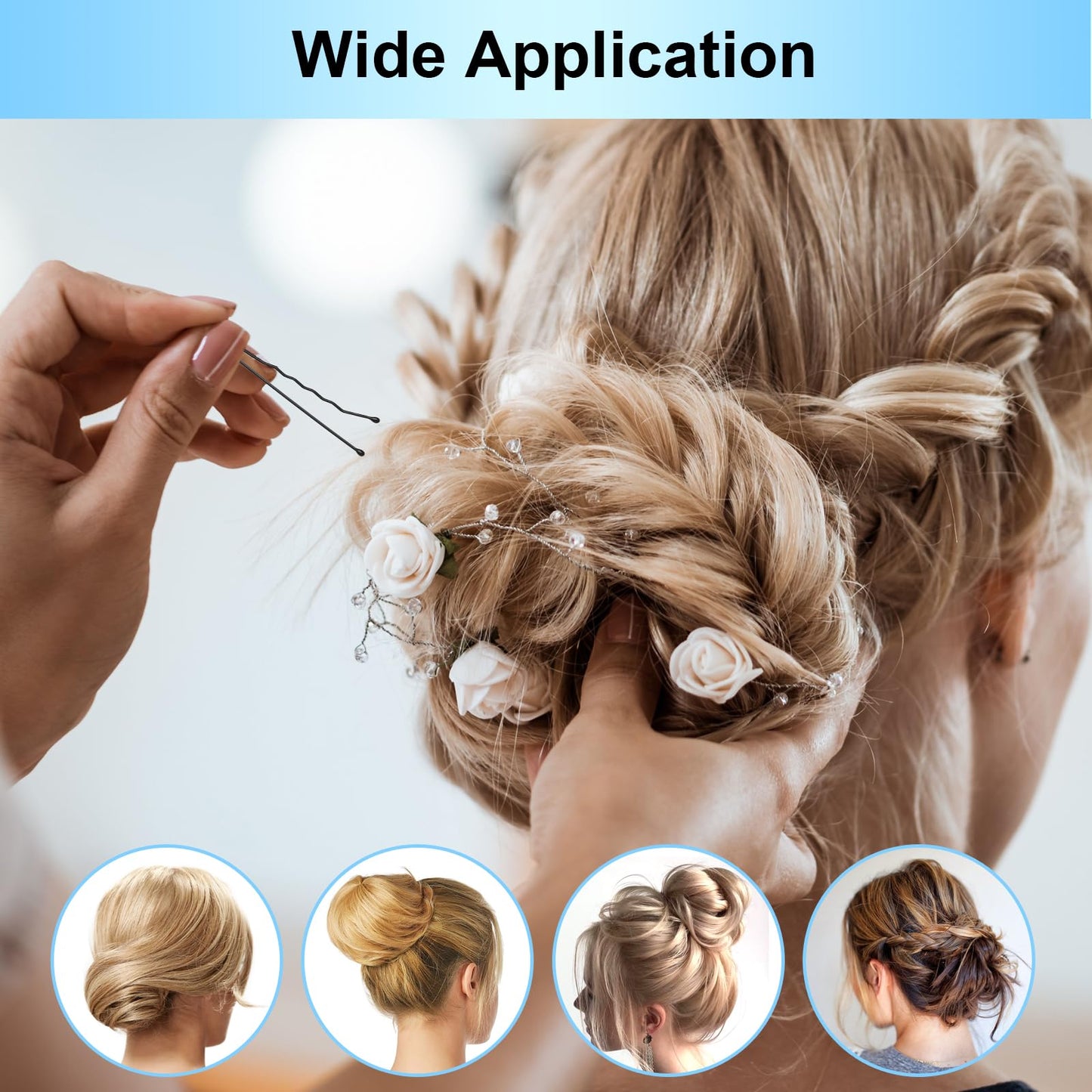 Fosvrde professional grade black hair pins demonstrating scalp safe rounded ends.