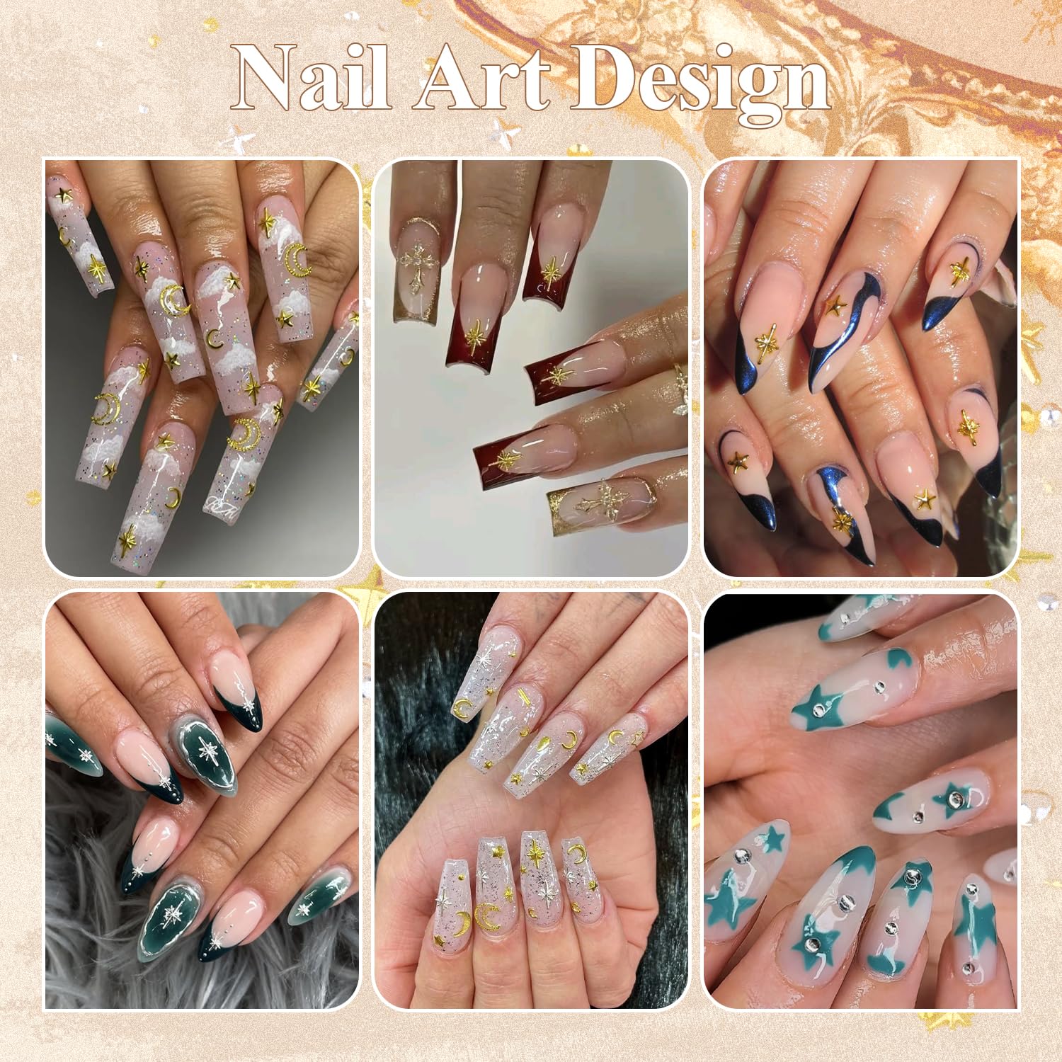 Detailed display of assorted gold and silver metallic star nail sizes