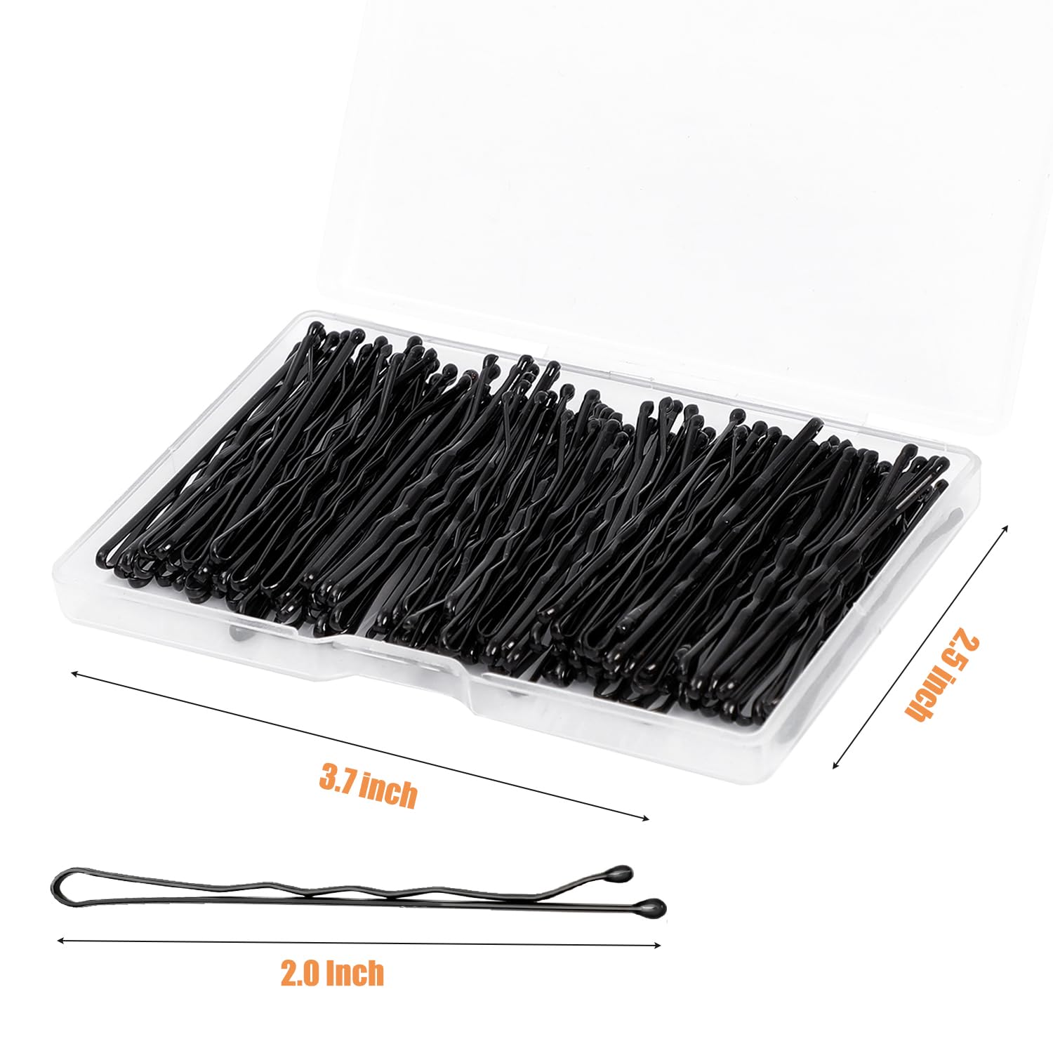 Two inch premium wavy black hair pins spread next to reusable clear container