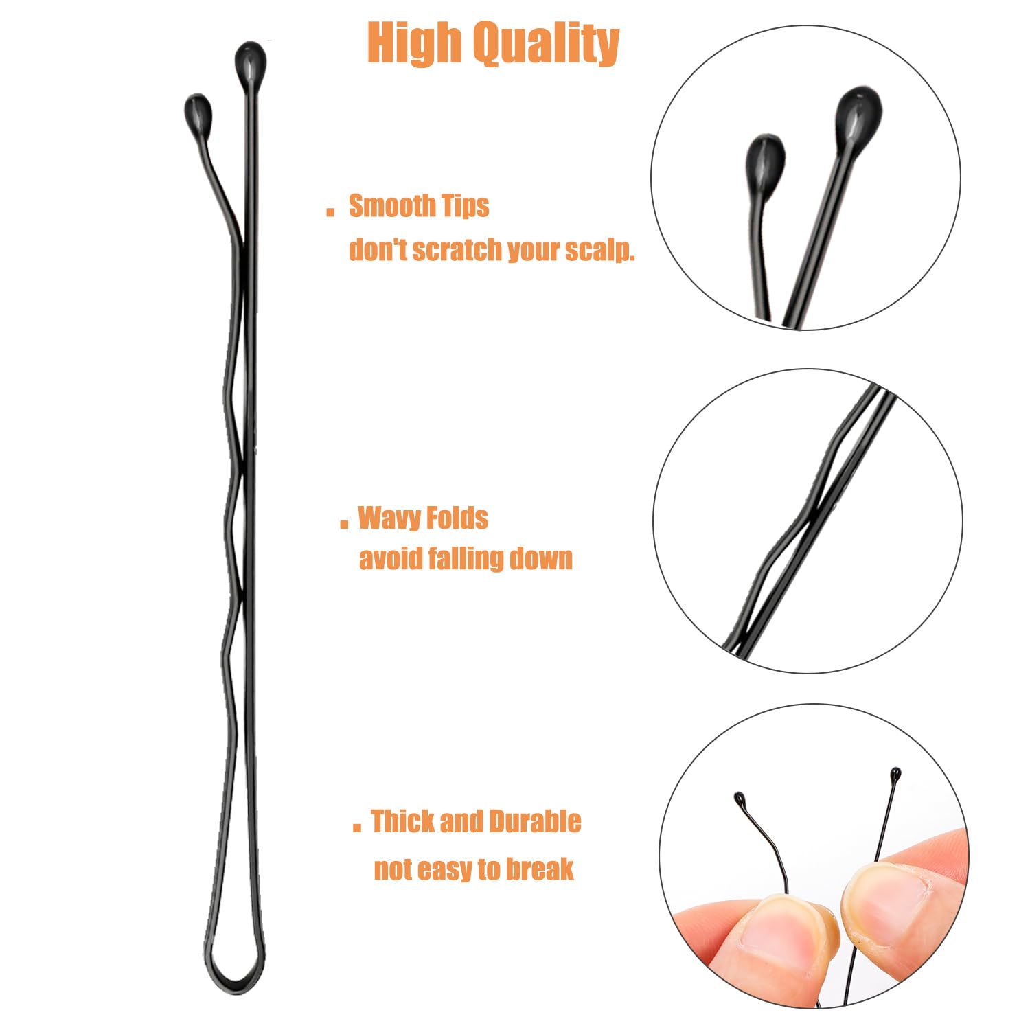 Close up of double smooth coated black bobby pins showing rounded ball tips
