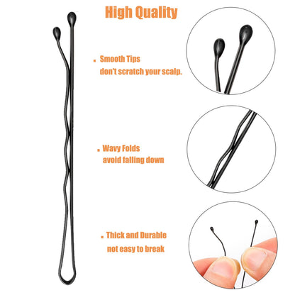 Close up of double smooth coated black bobby pins showing rounded ball tips