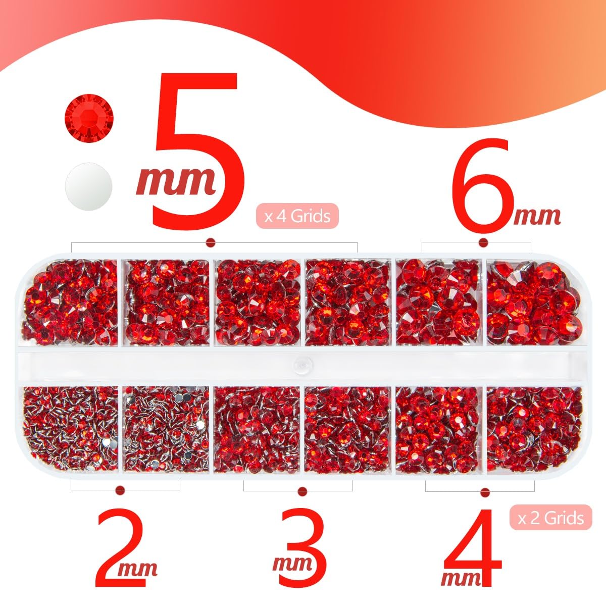 Close up of ruby red flatback resin rhinestones in assorted sizes