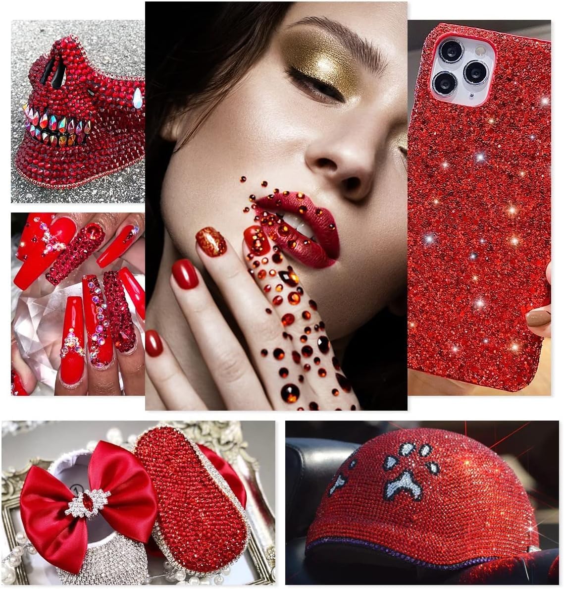 Various sizes of ruby red rhinestones displayed for scale