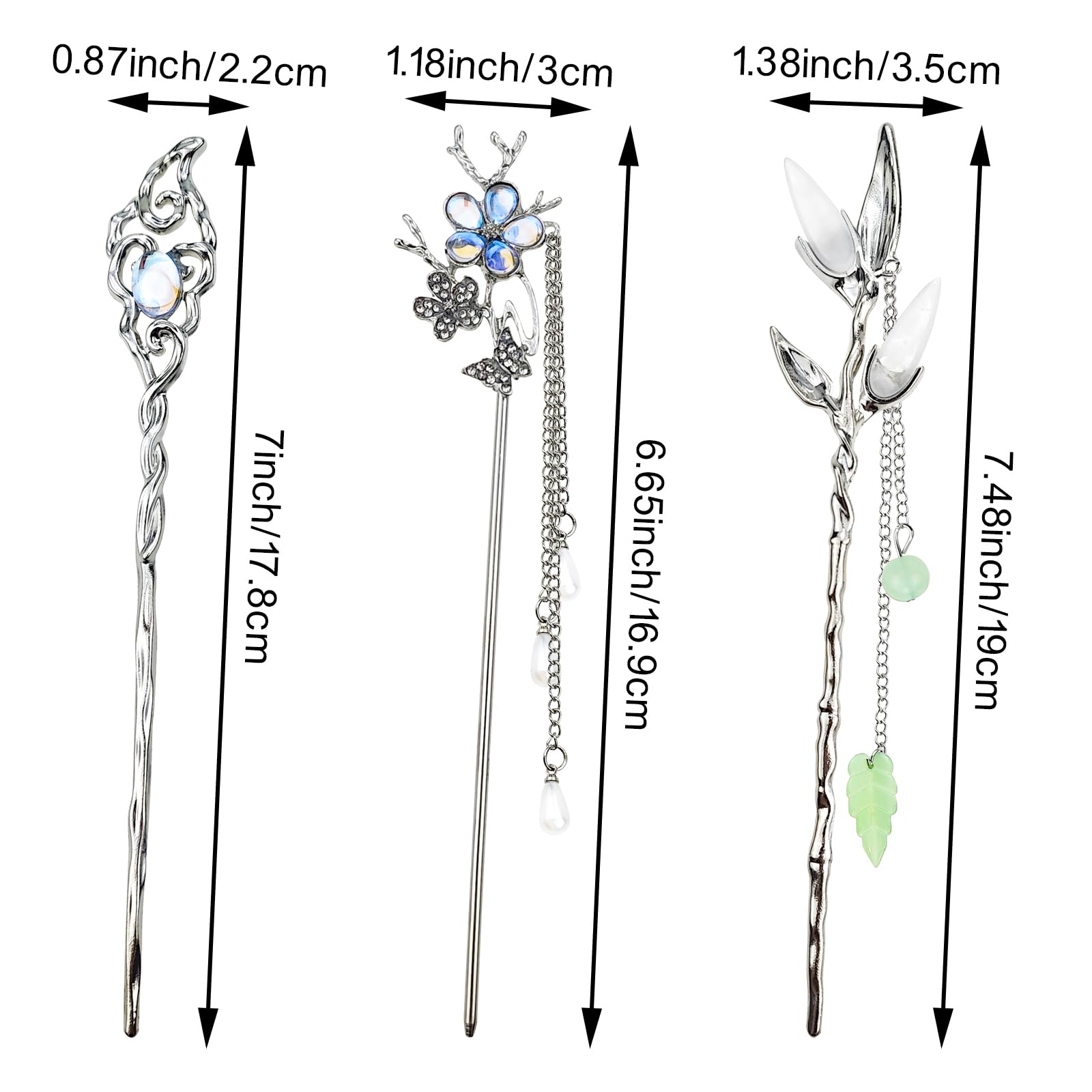 Detailed view of the intricate crescent moon and star charms on the vintage hair chopsticks.