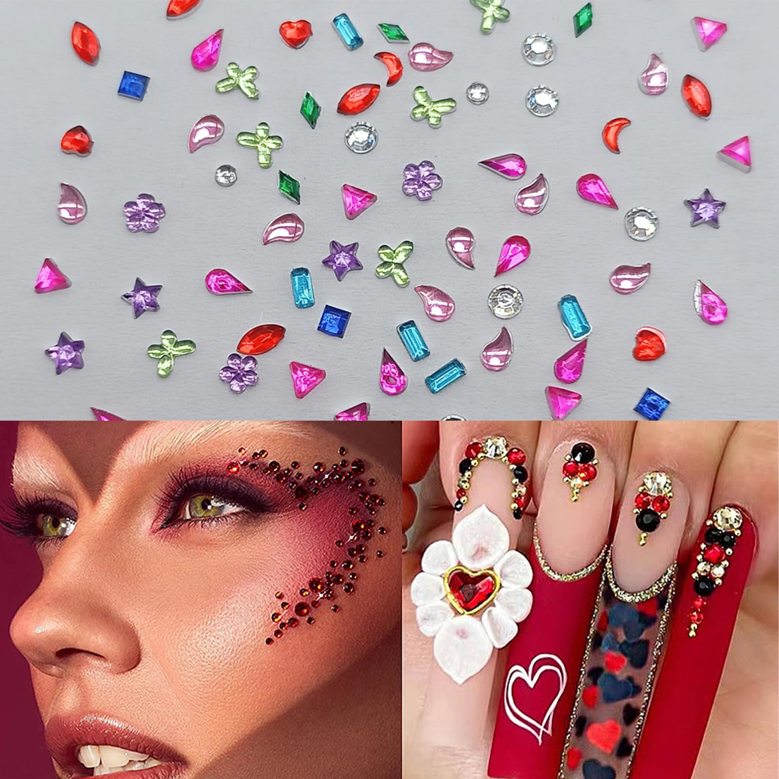 Hand model displaying intricate kawaii style nail art with crystal charms