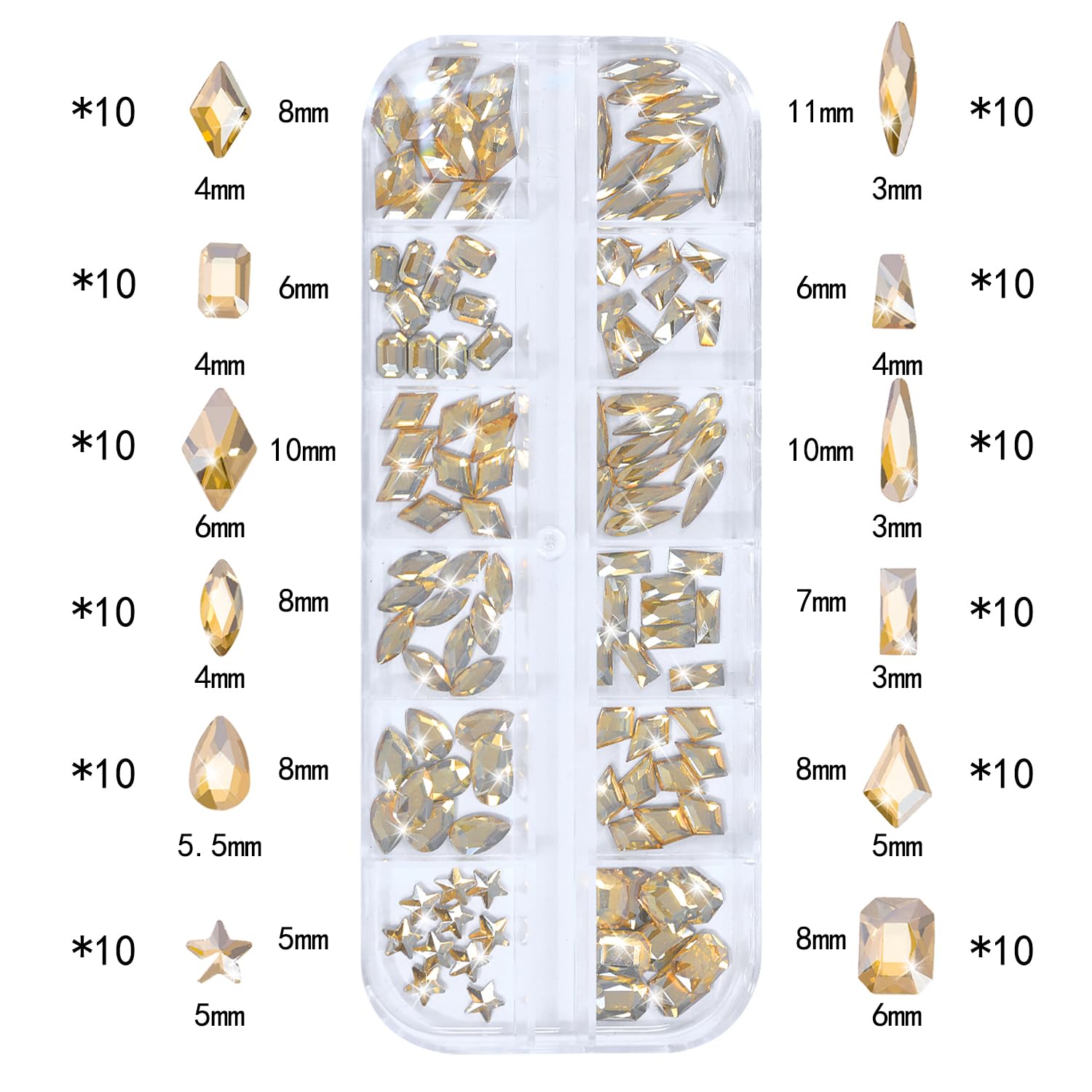 Close up of 3D multi-shape crystal rhinestones for nail art.