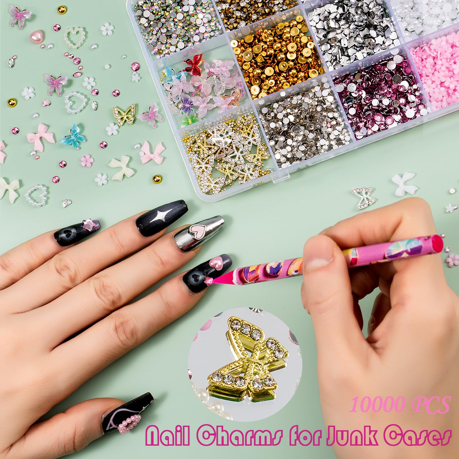 Assorted pink and gold 3D nail art charms in storage grid